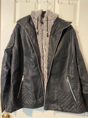 Royalty For Me Black Faux Leather Jacket with Gray Sherpa Hood